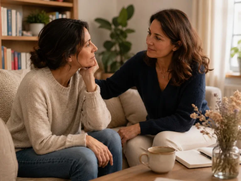 Mujer atravesando un cambio de vida con calma y acompañamiento consciente en un espacio sereno y luminoso.
