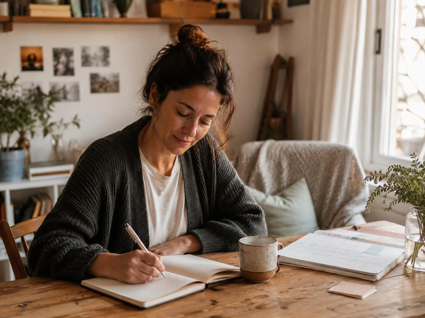 Mujer escribiendo en un cuaderno durante una práctica de autoconocimiento semanal en un ambiente tranquilo y cálido.