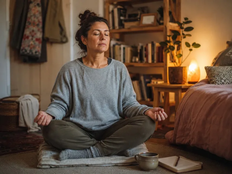 Mujer empezando a meditar en un ambiente cálido y tranquilo, practicando respiración consciente con calma y autoconocimiento.