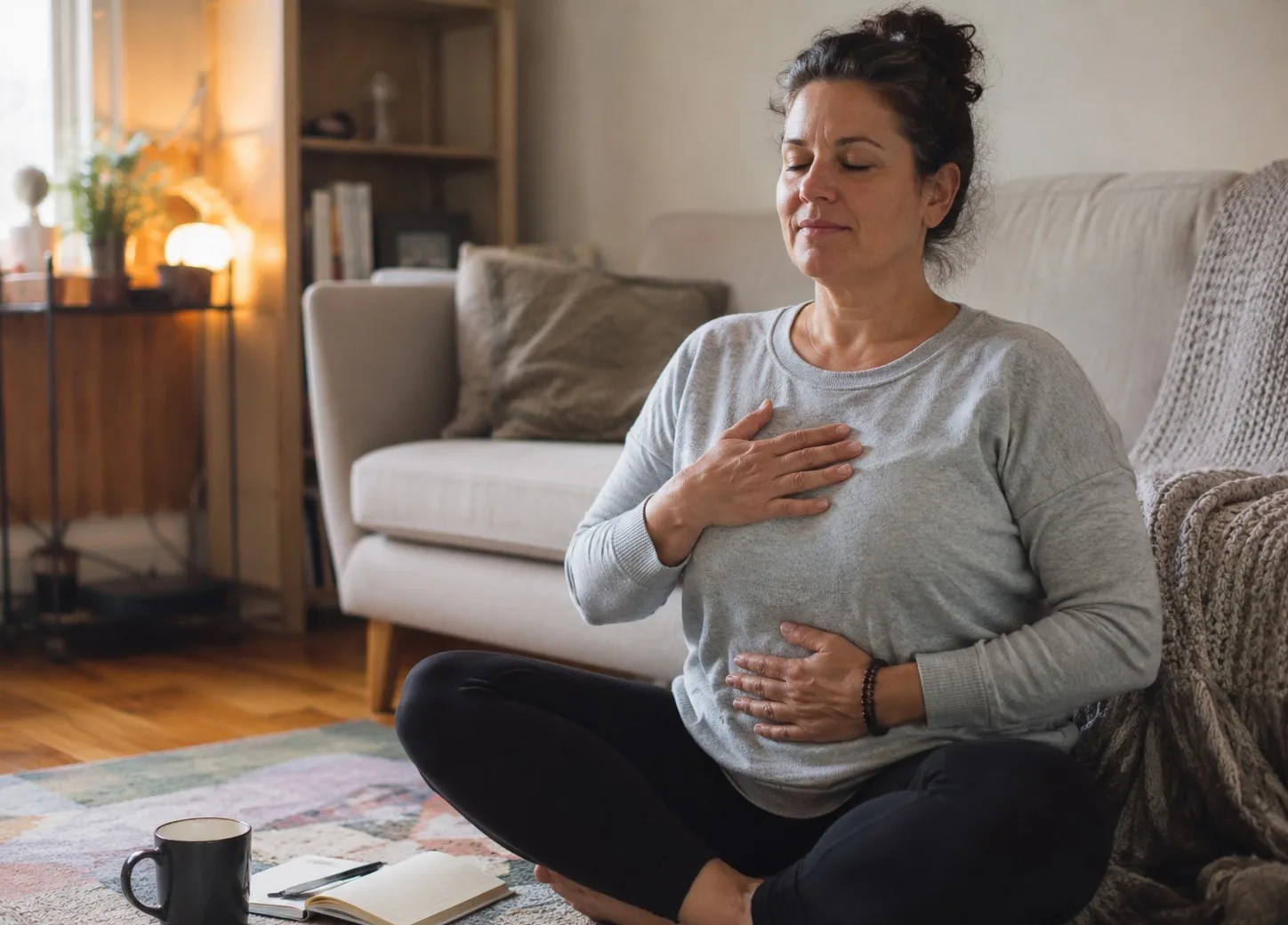 Mujer practicando meditación para pensamientos acelerados en un espacio sereno, acompañando su mente con respiración consciente y calma interior.