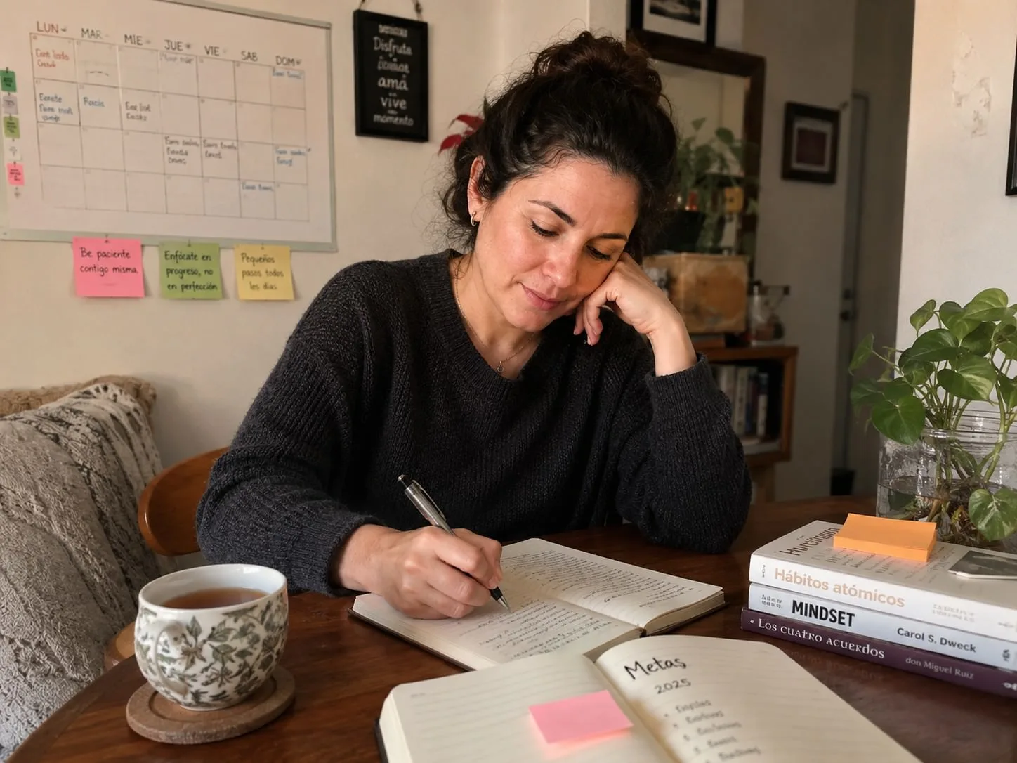 Mujer en un proceso de crecimiento personal femenino, escribiendo en un cuaderno en un ambiente cálido, sereno y de autoconocimiento.