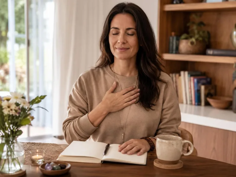 Mujer respirando con calma en un espacio sereno mientras practica regulación emocional consciente.