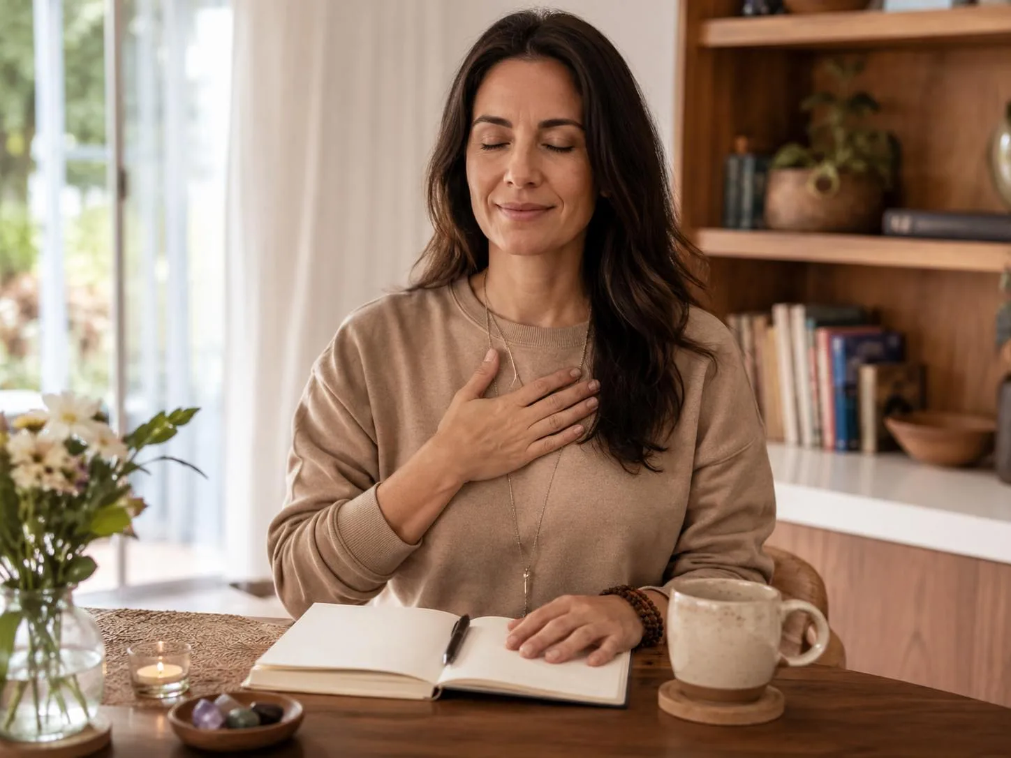 Mujer respirando con calma en un espacio sereno mientras practica regulación emocional consciente.