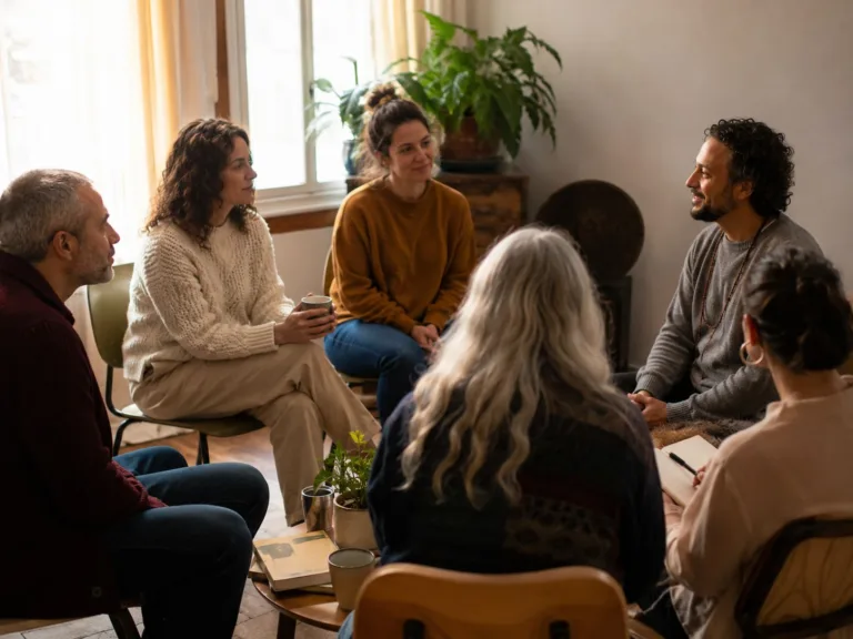 Mujeres compartiendo un espacio grupal de crecimiento personal en un ambiente cálido, sereno y de acompañamiento consciente.