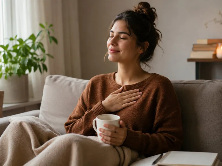 Mujer en un momento de calma y conexión interior, representando el bienestar emocional y el cuidado consciente en la vida cotidiana.