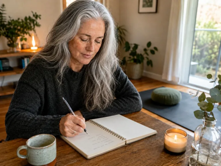 Mujer organizando una rutina de bienestar emocional con un cuaderno, una práctica de meditación y momentos simples de autocuidado.