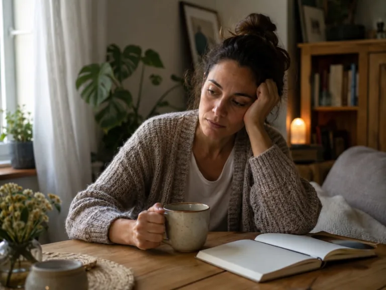 Mujer sentada en calma reconociendo su agotamiento emocional y escuchando lo que necesita.