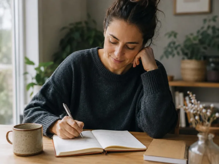 Mujer en un momento de introspección, escribiendo en un cuaderno y aprendiendo a escucharse con mayor claridad y confianza interior. dejar de buscar respuestas afuera