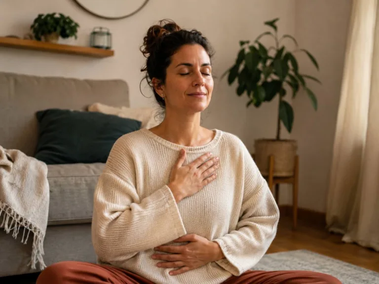 Mujer practicando una meditación para volver al cuerpo mientras respira con calma y apoya las manos sobre el pecho y el abdomen.