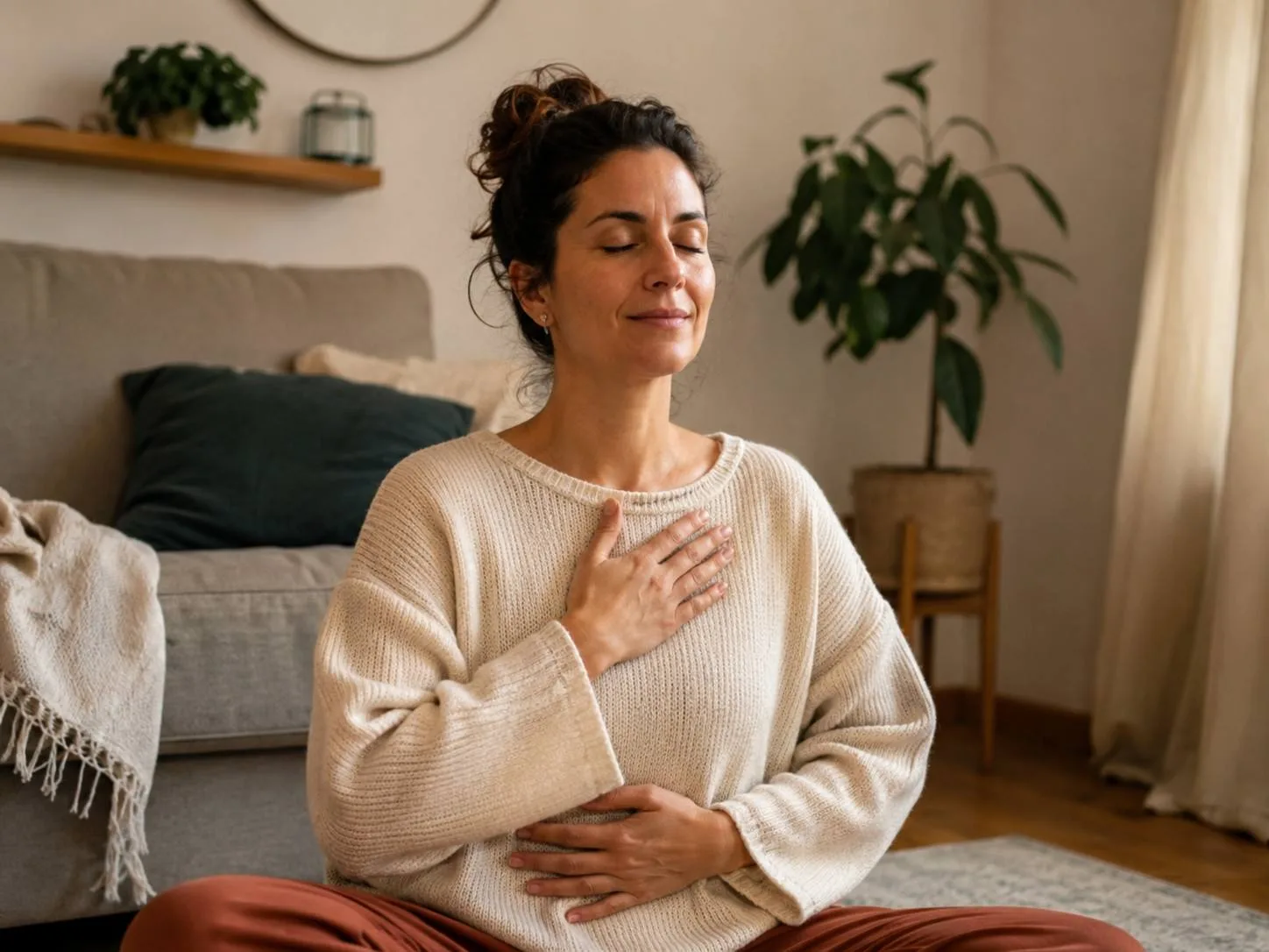 Mujer practicando una meditación para volver al cuerpo mientras respira con calma y apoya las manos sobre el pecho y el abdomen.