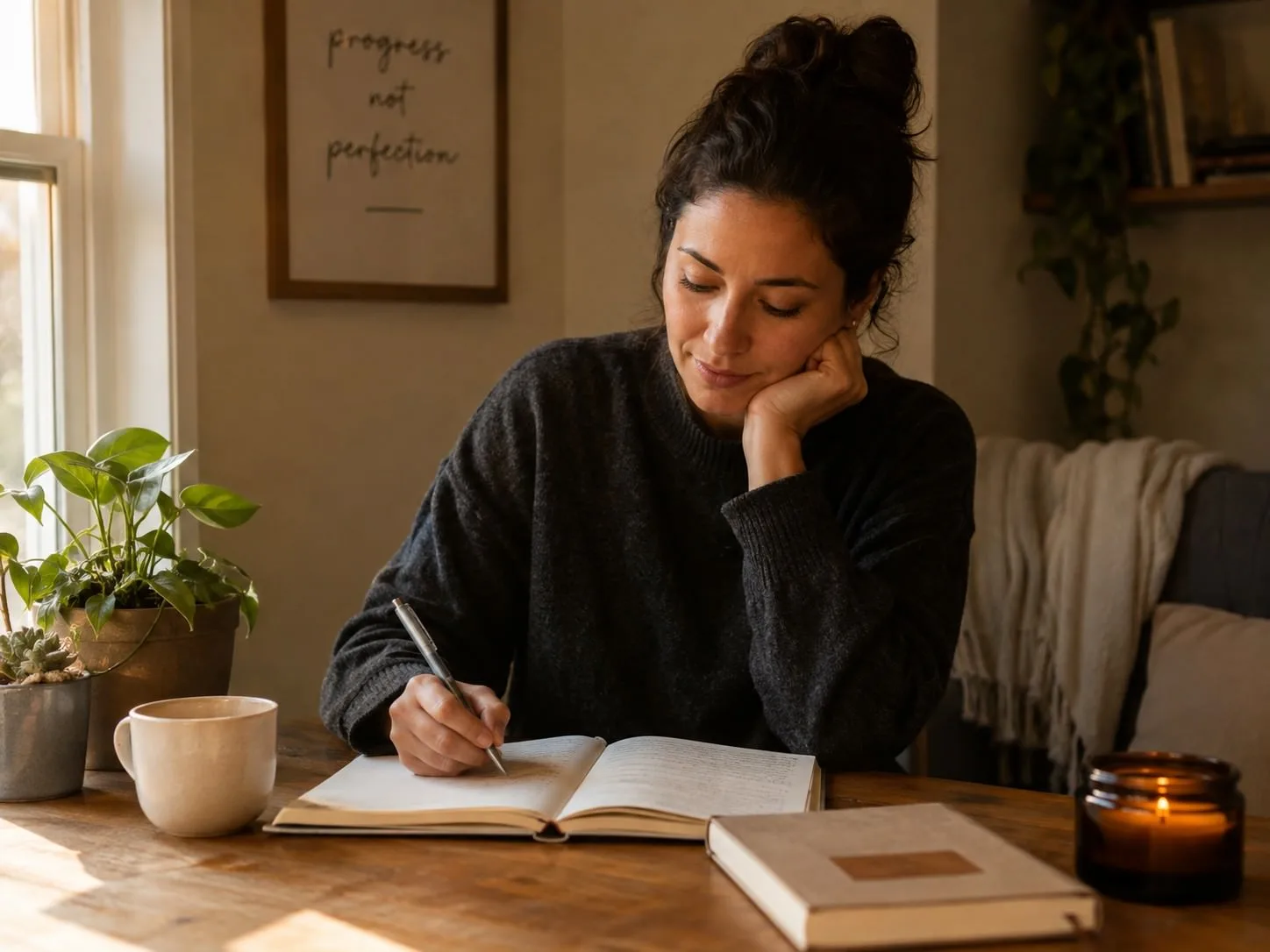 Mujer escribiendo en un cuaderno durante un proceso de autoconocimiento, aprendiendo a reconocer la autoexigencia y avanzar con más calma.