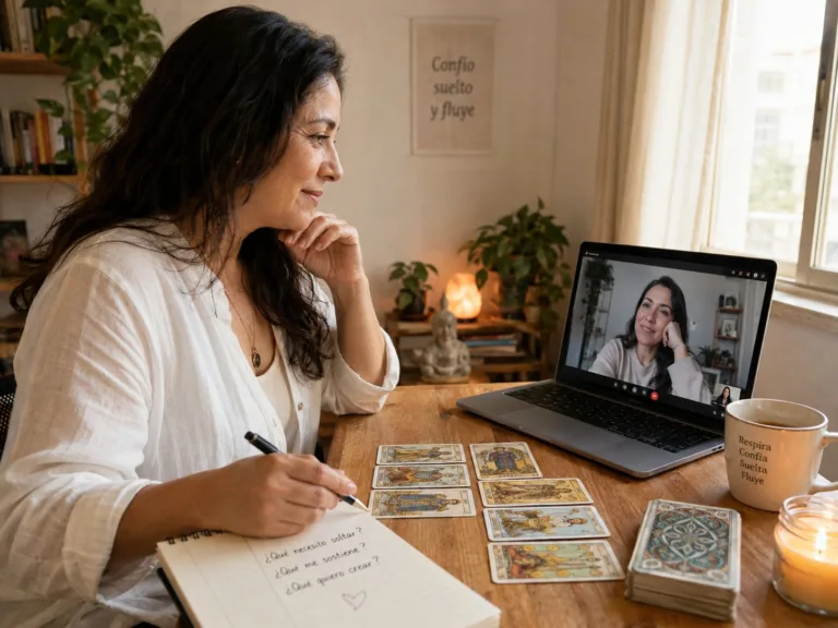 Bea Coronel realizando una lectura de tarot terapéutico online como espacio de autoconocimiento y claridad emocional.