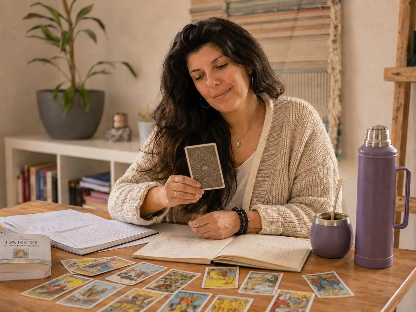 Bea Coronel observando cartas de tarot terapéutico sobre una mesa mientras reflexiona sobre patrones emocionales y autoconocimiento.