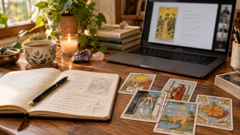 Cartas de tarot y cuaderno de estudio para aprender curso de tarot terapéutico online